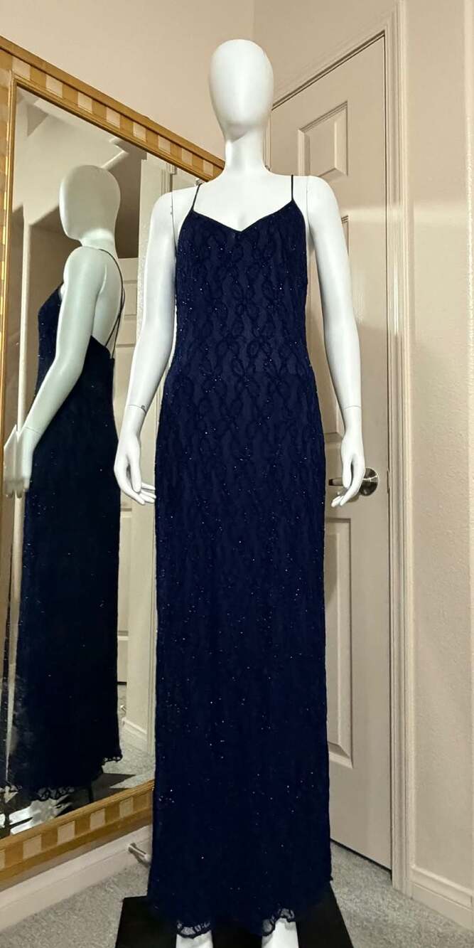 Vintage Reggio Navy Blue Metallic Lace Sequin Evening Gown